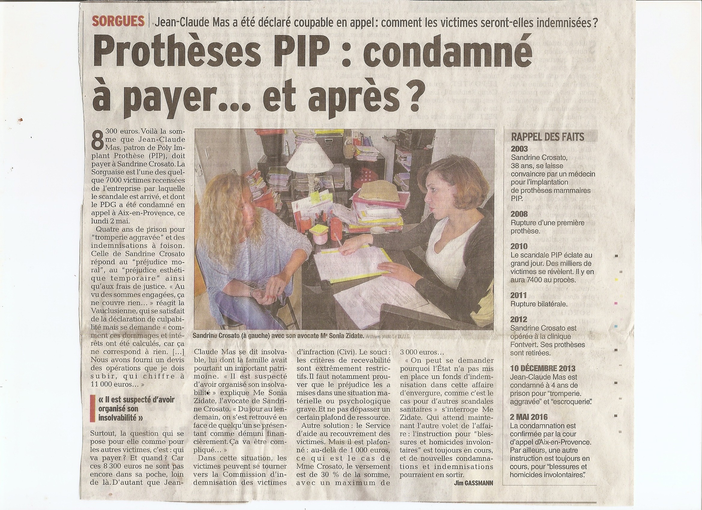 Prothèses PIP : condamné à payer… et après ? (Article Vaucluse matin -Par Jim GASSMANN | Publié le 07/05/2016)